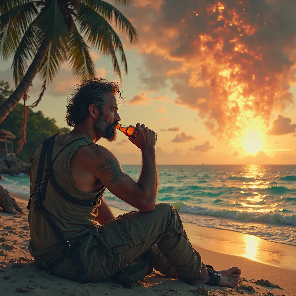 Viking man with black hair on beach vacation lying under palm tree and drinking lemonade