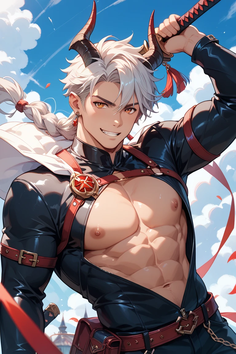 (masterpiece), best quality, expressive eyes, perfect face, perfect eyes, perfect body, genshin impact, 1boy, only 1 Kaedehara Kazuha, single, husbando, muscular male, cisgender male, masculine, masculine face, anatomically correct, handsome face, ((tall and slender Kaedehara Kazuha)), male Kaedehara Kazuha, mature Kaedehara Kazuha, Kaedehara Kazuha from genshin impact, wet Kaedehara Kazuha, oiled up body, drenched in sweat, sole male, solo, alone, broad shoulders, perfect nipples, decently muscular body, muscular biceps, muscular chest, broad shoulders, small waist, on the bed seductively, red slave collar, Kazuha is only wearing a red miniskirt, harem palace interior