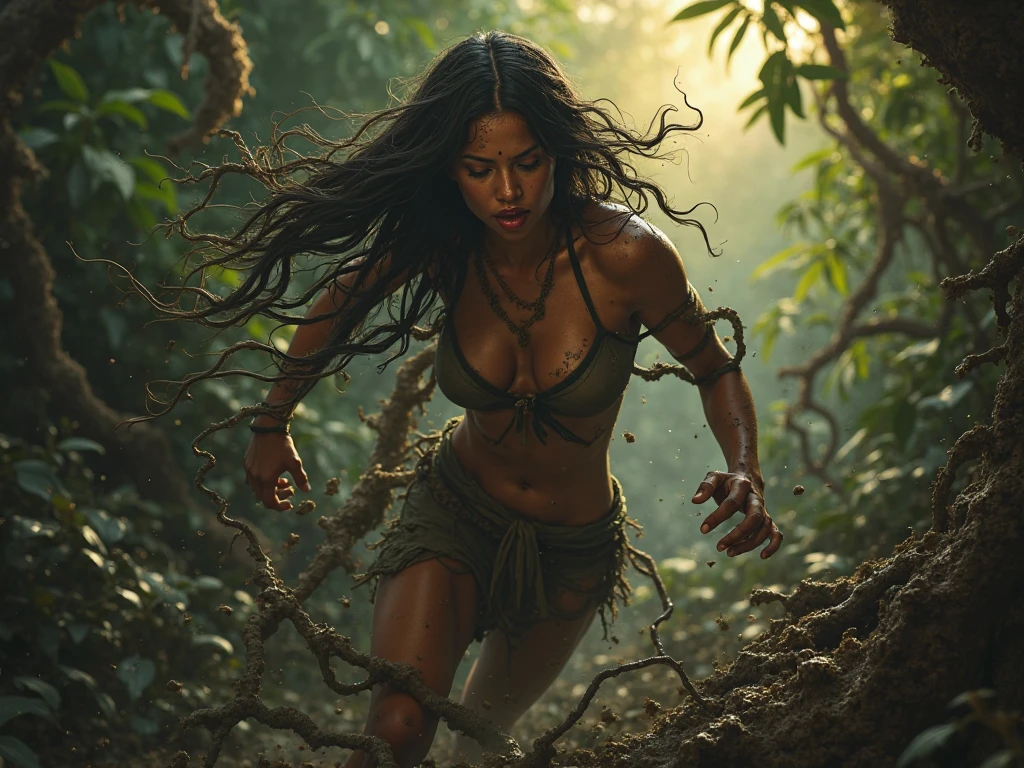 Demi Rose beautiful female figure front, , she wears ripped and dirty jeans, gorgeous and soon straight black hair, voluminous and gorgeous lips, hostiu, stony environment within a forest, The lighting is soft and soft, with soft shadows projected on her skin. she walks with a watchful eye ,The scene is highly detailed,this is a story in the style of comix, giant bear with two heads and large teeth,she puts herself in a fighting position, she fights with the bear with a sharp spear, several fight scenes, with characteristics of the character and the fixed bear