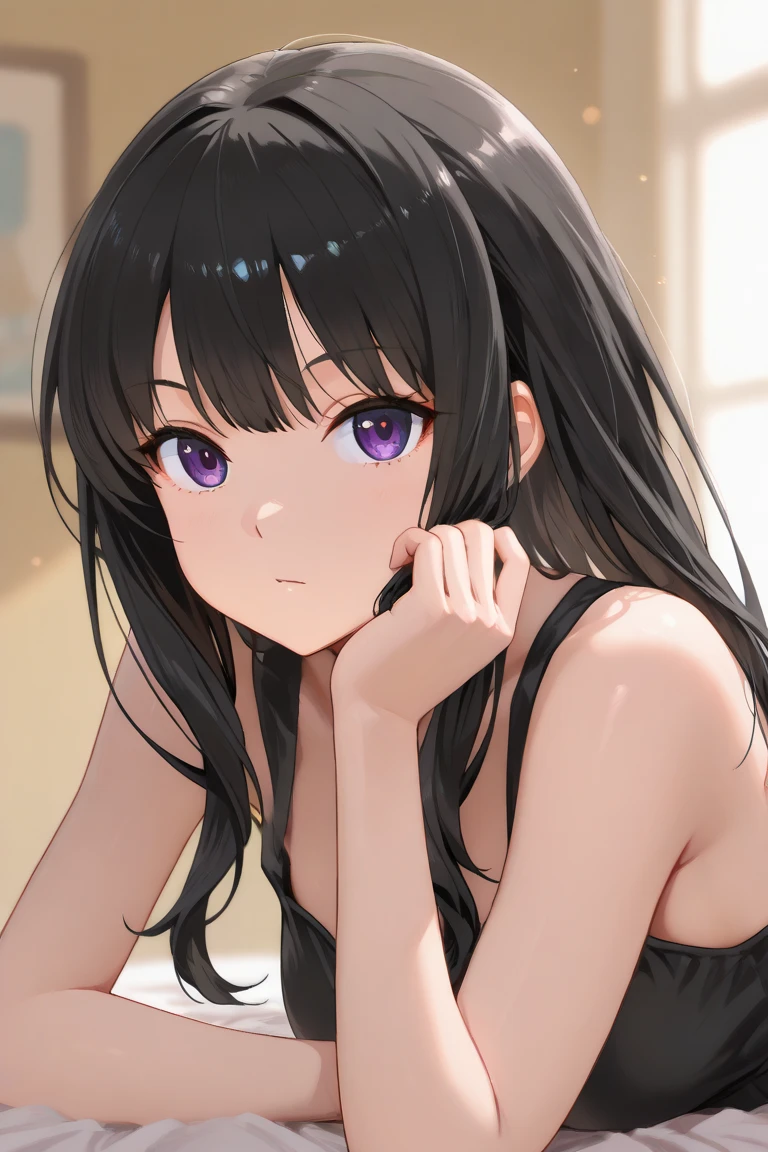 Side angle, (avert your eyes:1.5), Realistic, (Pale skin: 1.2), RAW Photos, Realistic, Portrait Photography, Shiny skin, Japanese Idols,Shiny Hair,(A 25-year-old woman with medium-length straight hair and bangs) and (Black Hair) and (Purple eyes) ,smile, Background is an office room,by 2 person,All naked,naked