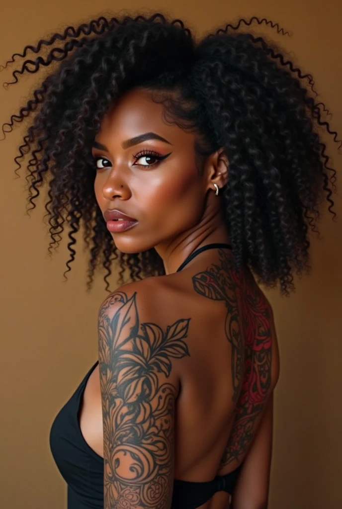 Create a hyper detailed photograph of a tattooed muscular young sexy black girl, Stunningly perfect gorgeous soft feminine face, perfect makeup, detailed vibrant eyes, long hair, big beautiful muscular legs, big beautiful muscular arms, big back, realistic torso, detailed smooth skin, big breast, large thick round ass, nude, completely naked, no clothes,