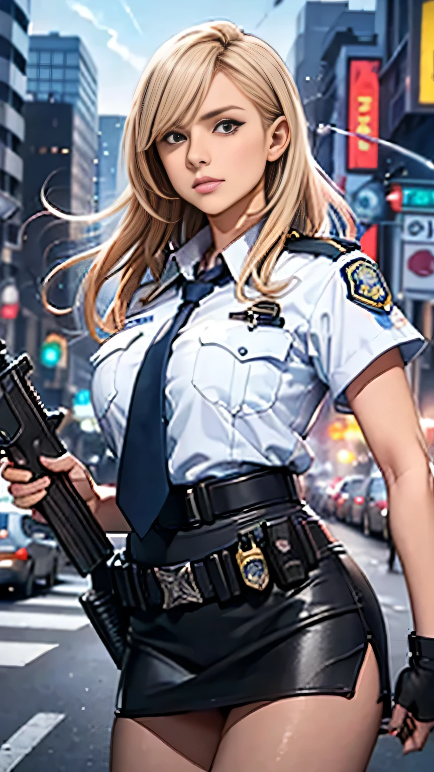 one female, (Police cars), ((Highest quality)), ((masterpiece)), (detailed), ((very detailed face)), High resolution photograph, full body portrait, slim face, pretty woman, (platinum blonde hair), blue eyes, detail eyes, double eyelids, (Beautiful Delicate Eyes and Lips), blurry background, backlight, Good light, (She is on the city streets at night), (A female police officer in her 30s wearing a Los Angeles Police Department uniform, with a police belt that has a gun holster), (She is wearing a miniskirt and standing on the street), she is holding a Smith & Wesson Model .29 handgun diagonally in front of her chest, she is holding the barrel with her left hand and pulling the trigger with her right hand index finger, causing a bullet to fire from the muzzle, ((Muzzle flash and muzzle smoke coming out of the gun)), (flames and sparks coming out of the muzzle), Her expression is serious, conveying confidence and responsibility as a police officer, The background features an urban cityscape with a police vehicle visible in the scene, Gold, it's raining, ((Pointing a gun at the camera)), ((miniskirt)), ((Muzzle Flash)),
