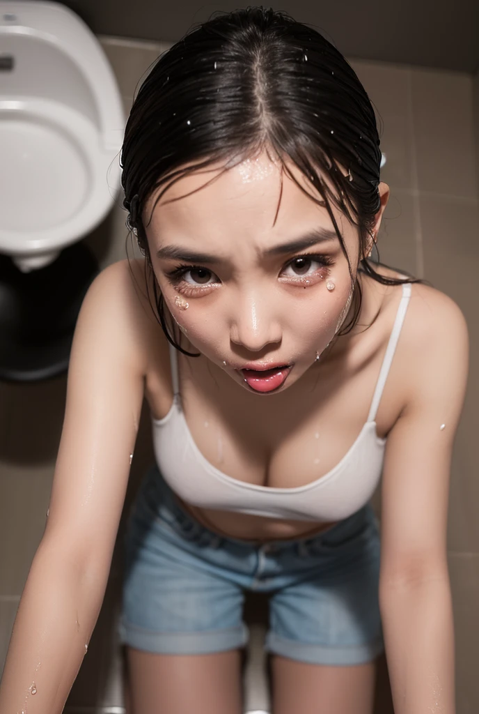 1girl,low tied hair,black hair,looking at viewer,best quality,indoors,open mouth,high quality,small breasts,hair ribbon，student,white shirt,panty,close up,cute,stocking ,(wet_clothing,:1.4)cum in mouth,close up,(cum_drip,)(pussy_juice,)(((evil smile,)))sweats,((highres, ))sitting,crying ,pleated skirt,tentacles sex,(cum in mouth,)closed eyes
