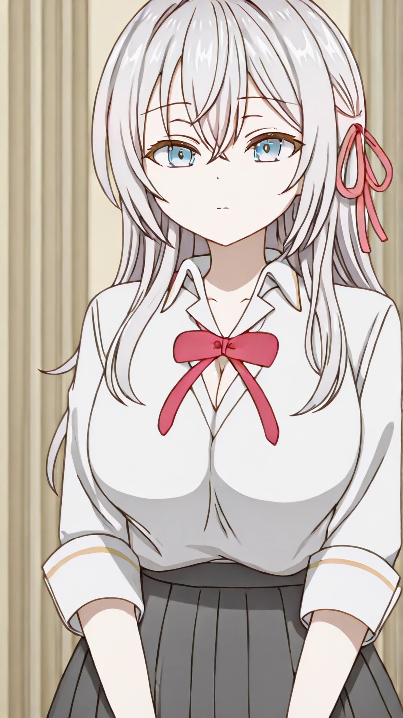 Best Quality, (Masterpiece:1.2), High Detailed, Cat Ears, 1girl, solo, tojo koneko, closed mouth, (cowboy shot), red eyes, white hair, short hair, hair decoration, erotica, sleeveless, skirt, cum,cum on face, healthy skin, ((bra)),standing,