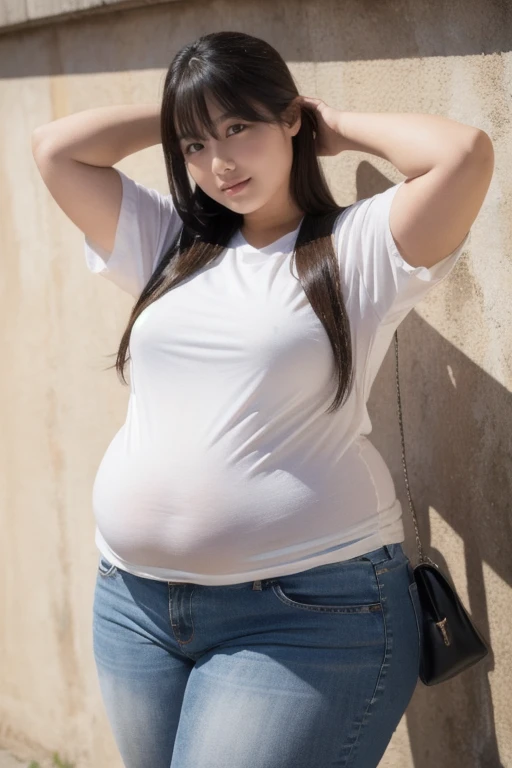 Femme très grosse, profil, debout de profil , Makima, bbwchan, cheveux rouges et yeux jaunes, double menton, elle carresse son gros ventre mou et rebondi, full belly, aftermath, gros ventre rond, en forme de boule sous le jean taille haute. Elle porte un jean taille très haute et un haut en dentelle, belle lumière sur elle, magnifique femme obese
