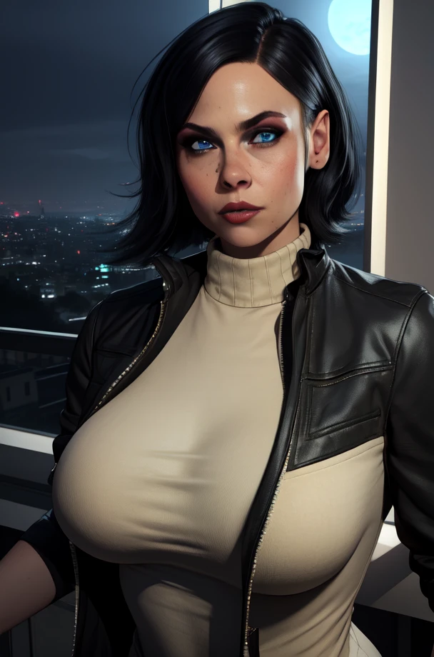 award winning photo, night, close-up, extremely detailed, amazing, fine detail, highly detailed woman, (extremely detailed eyes and face), (blue jeans), ((wide open black leather jacket)), fitness, short red hair, freckles, by Frank Cho and Terry Dodson, wrist watch, (dark alley, dark night), (black heavy metal tanktop)