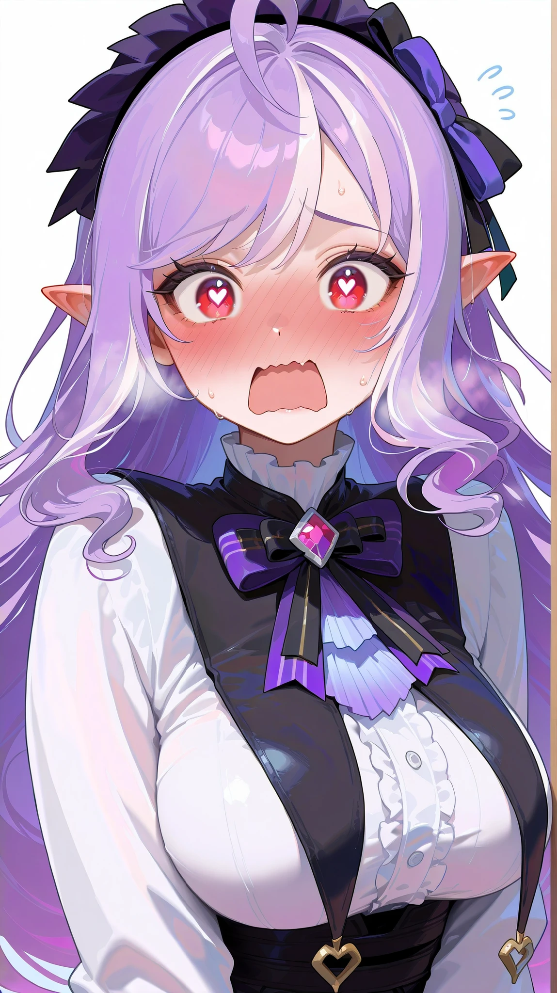 masterpiece, top quality, best quality, official art, beautiful and aesthetic:1.2),(8k, best quality, masterpiece:1.2), (((masterpiece))),(((best quality))),(((extremely detailed))), illustration, who, (masterpiece, top quality, best quality, official art, beautiful and aesthetic:1.2),(8k, best quality, masterpiece:1.2), vivianZzz, red eyes,ahoge,streaked hair,black hairband,frilled hairband, purple hair, hair bow, white background, 1girl, blush, solo, breasts, pointy ears, heart, long hair, virtual youtuber, bow, open mouth, purple hair, red eyes, shirt, ahoge, frills, purple bow, white shirt, hair bow, upper body, embarrassed, wavy mouth, looking at viewer, black bow, long sleeves, white background, black skirt, skirt, symbol-shaped pupils, full-face blush, nose blush, large breasts