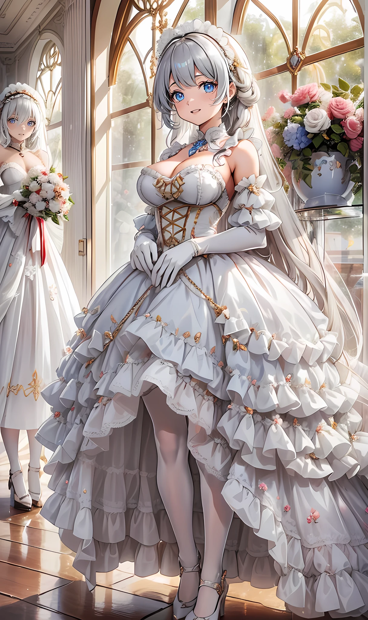  milkshake ，Attractions，   Have Fun   ，in love，( girl in white modern shirt 、 dress and pantyhose  :1.2)，(   white ruffle bow gloves   )， Silver Hair ，  golden eyes，Sacred headdress，  transparent lace  ，  Gorgeous Dress   ，  alone，European bedroom，(night:1.1)，Delicate Beautiful Face  ，Ta，Flowers on clothes  ， colorful flowers