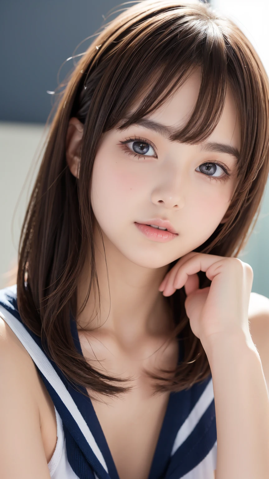 masterpiece, highest quality, 8k, 20th Generation, Large Breasts, cute, alone, sad, cute, Girlish, Delicate girl, Pure beauty, RAW Photos, Professional photography, Portraiture, Soft Light, Professional Lighting, Backlight, Upper Body, avert your eyes, Sophisticated, Film Grain, (Eyes and facial details:1.0), Short floating hair, Beautiful, flowing hair, bangs, (RelaxedVneck cut and sew(pastel colour))、(Large Breasts:1.0)、You can see a little cleavage、Dolly Makeup、Odd Eye、The colour of the left and right eyes are different
