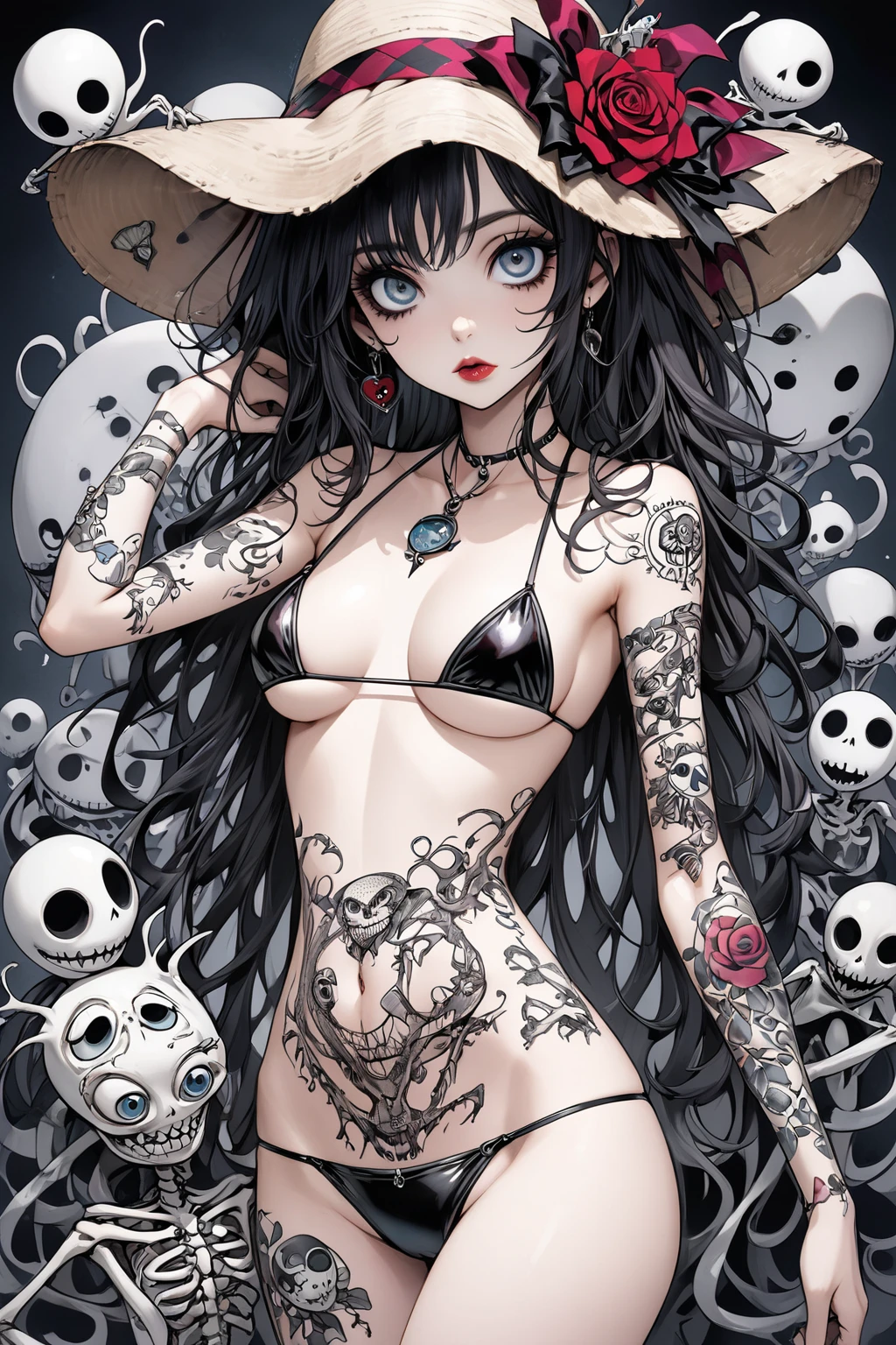 (masterpiece), (High resolution), (super delicate),,(Horror elements), leopard print bikini,Cute Core Clown、Skull Accessories、((Alphonse Mucha 1.5))blue hair、
