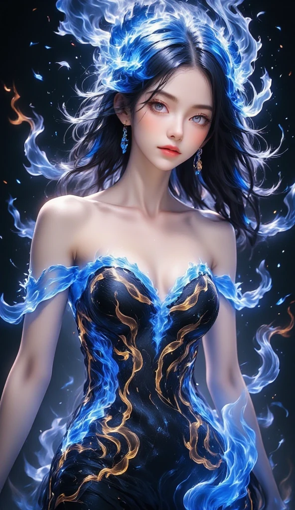 a woman wearing luxury dress, azure dress, shiny dress,(blue fire:1.3),
good hand,4k, high-res, masterpiece, best quality, head:1.3,((Hasselblad photography)), finely detailed skin, sharp focus, (cinematic lighting), collarbone, night, soft lighting, dynamic angle, [:(detailed face:1.2):0.2], medium breasts, outside,  <lora:luxury_dress04:0.3>,<lora:sung02:1>,  <lora:on_fire:0.5>