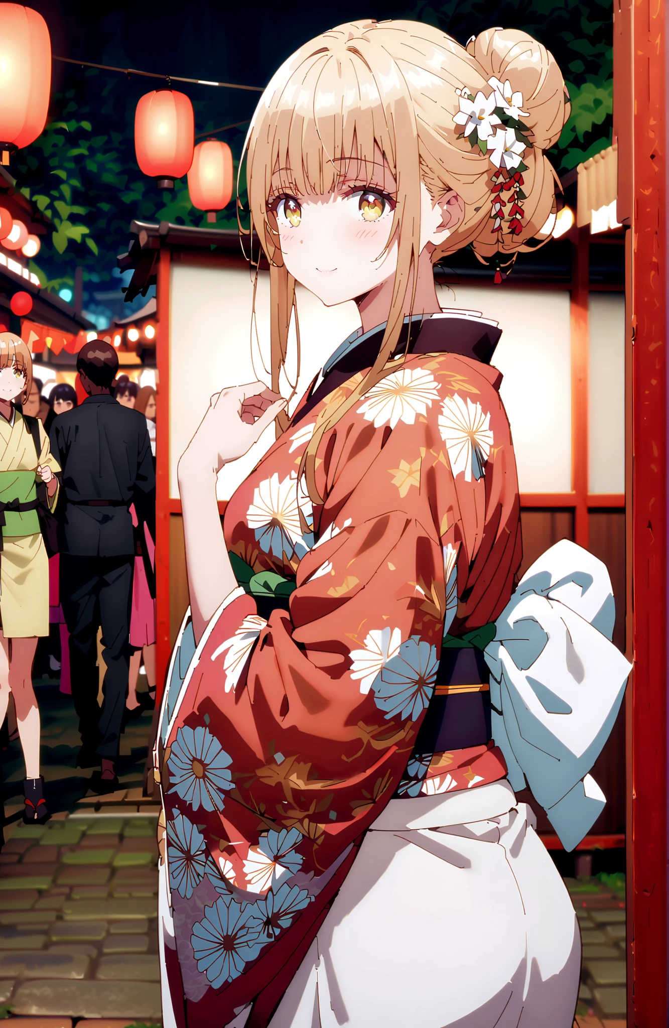 椎名まひる, bungs, Gold, brown hair, yellow eyes,side lock, single bun hair,flower hair ornament,Nape,White flower pattern kimono,Medium breast,standing,Light up fireworks,Japanese stalls ,Red Lantern,night,smile,blush,close your mouth,full bodyがイラストに入るように,break outdoors, Japanese Festival,
break looking at viewer,full body,
break (masterpiece:1.2),best quality ,Kampala,unity 8k 壁紙,(shape:0.8),( fine, beautiful eyes :1.6),It's a person ,full body写真,CG Details , (perfect hand in h,Complete Anatomy),