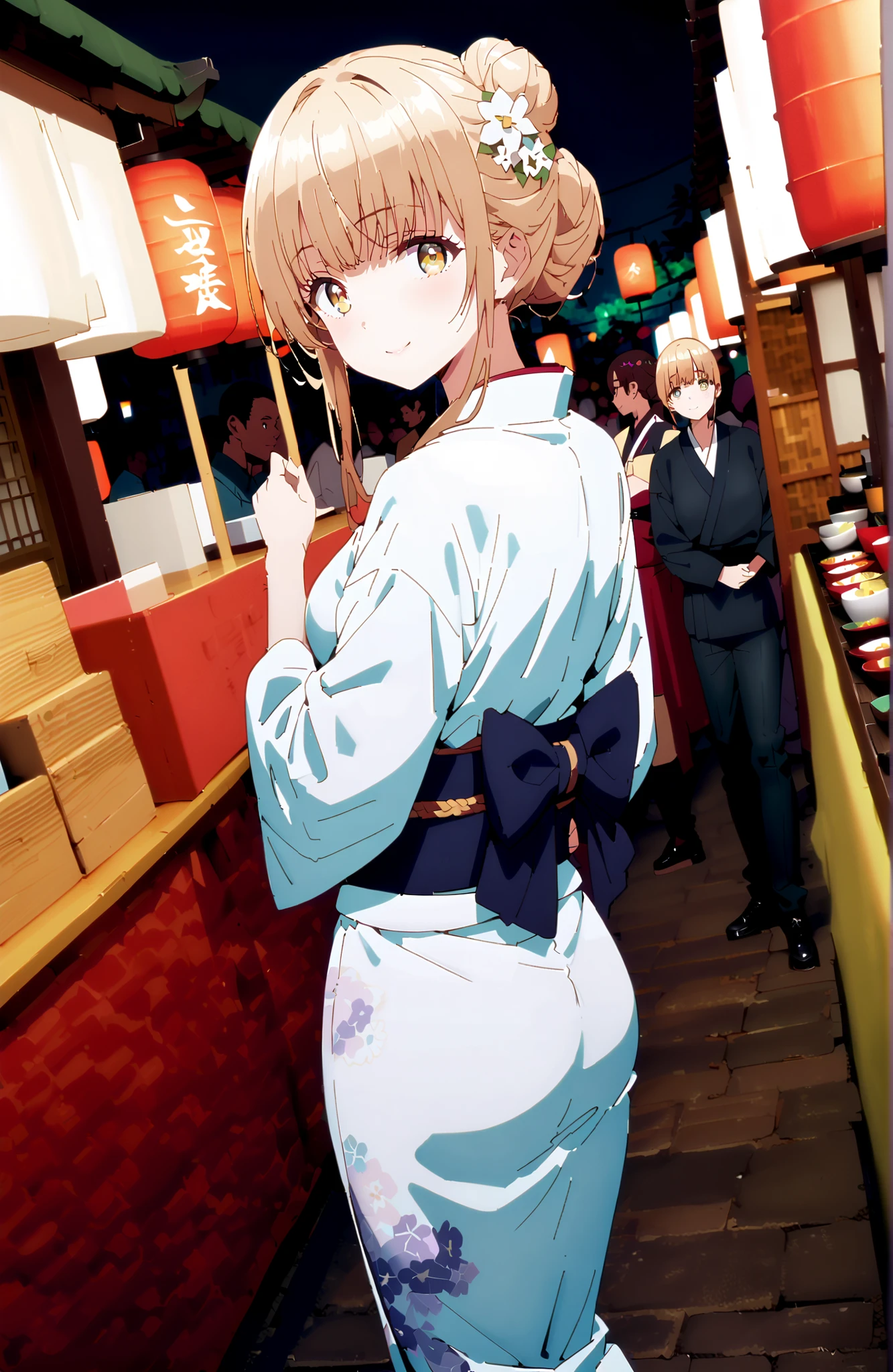 椎名まひる, bungs,  Gold, brown hair, yellow eyes,side lock, single bun hair,flower hair ornament,Nape,White flower pattern kimono,Medium breast,standing,Light up fireworks,Japanese stalls ,Red Lantern,night,smile,blush,close your mouth,full bodyがイラストに入るように,break outdoors, Japanese Festival,
break looking at viewer,full body,
break (masterpiece:1.2),best quality ,Kampala,unity 8k 壁紙,(shape:0.8),( fine, beautiful eyes :1.6),It's a person ,full body写真,CG Details , (perfect hand in h,Complete Anatomy),
