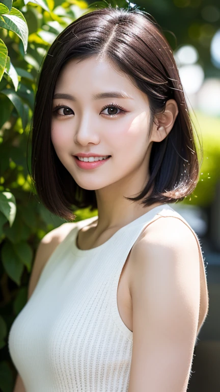 a gorgeous lady, age 22, white T-shirt and black pleated dress, standing under night sky, dimpled smile, very short bob hair, in a natural pose, photorealistic, beautiful detailed eyes, ample round bosom, hyper-realism, high contrast, ultra HD, realistic skin textures, top image quality, top-quality, super high resolution, fine details, very meticulously, bokeh background