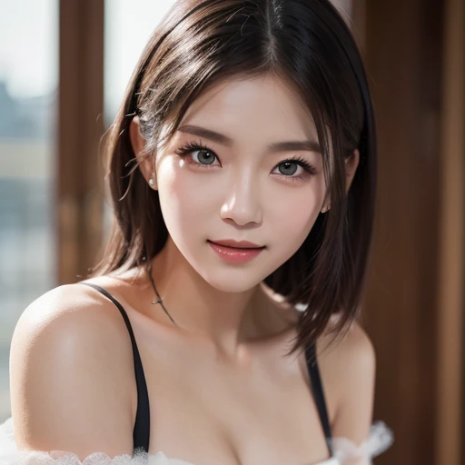 (realistic、masterpiece、Best Quality、8K、highres、high resolution:1.3)、1 glasses girl、Huge breasts、white bikini、pale white skin、looking at viewers、super fine face and eyes、long black hair、indoor、 upper body、