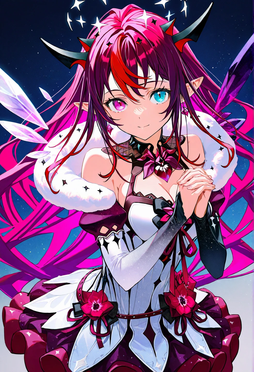 <lora:KitsuneAi-IRyS-LoCon32-V1-000007:1> irys \(hololive\), long hair, heterochromia, pointy ears, horns, detached sleeves, wings, halo, purple thighhighs, white dress