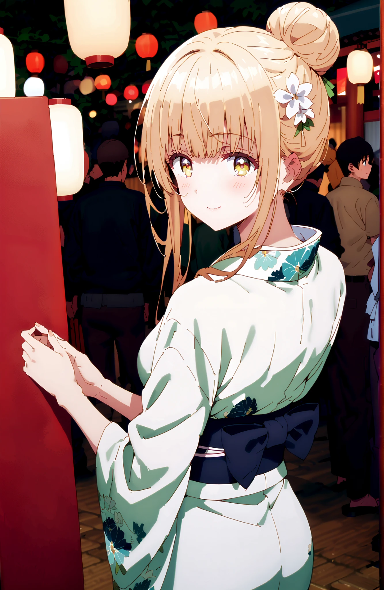 椎名まひる, bungs, Gold, brown hair, yellow eyes,side lock, single bun hair,flower hair ornament,Nape,White flower pattern kimono,Medium breast,standing,Light up fireworks,Japanese stalls ,Red Lantern,night,smile,blush,close your mouth,full bodyがイラストに入るように,break outdoors, Japanese Festival,
break looking at viewer,full body,
break (masterpiece:1.2),best quality ,Kampala,unity 8k 壁紙,(shape:0.8),( fine, beautiful eyes :1.6),It's a person ,full body写真,CG Details , (perfect hand in h,Complete Anatomy),