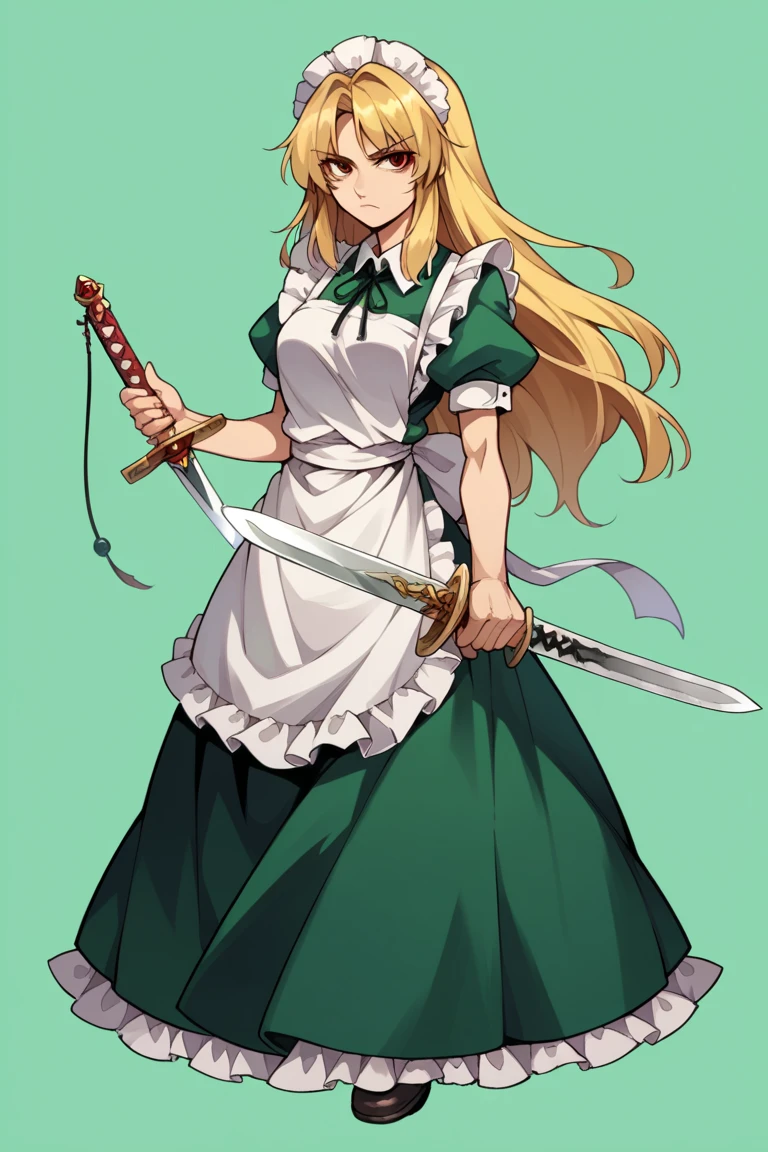 score_9, score_8_up, score_7_up, score_6_up, source_anime, solo, full-body shot, Green background, serious, yumeko (touhou), blonde hair, dress, apron, long hair, sword, weapon, maid, maid headdress, holding