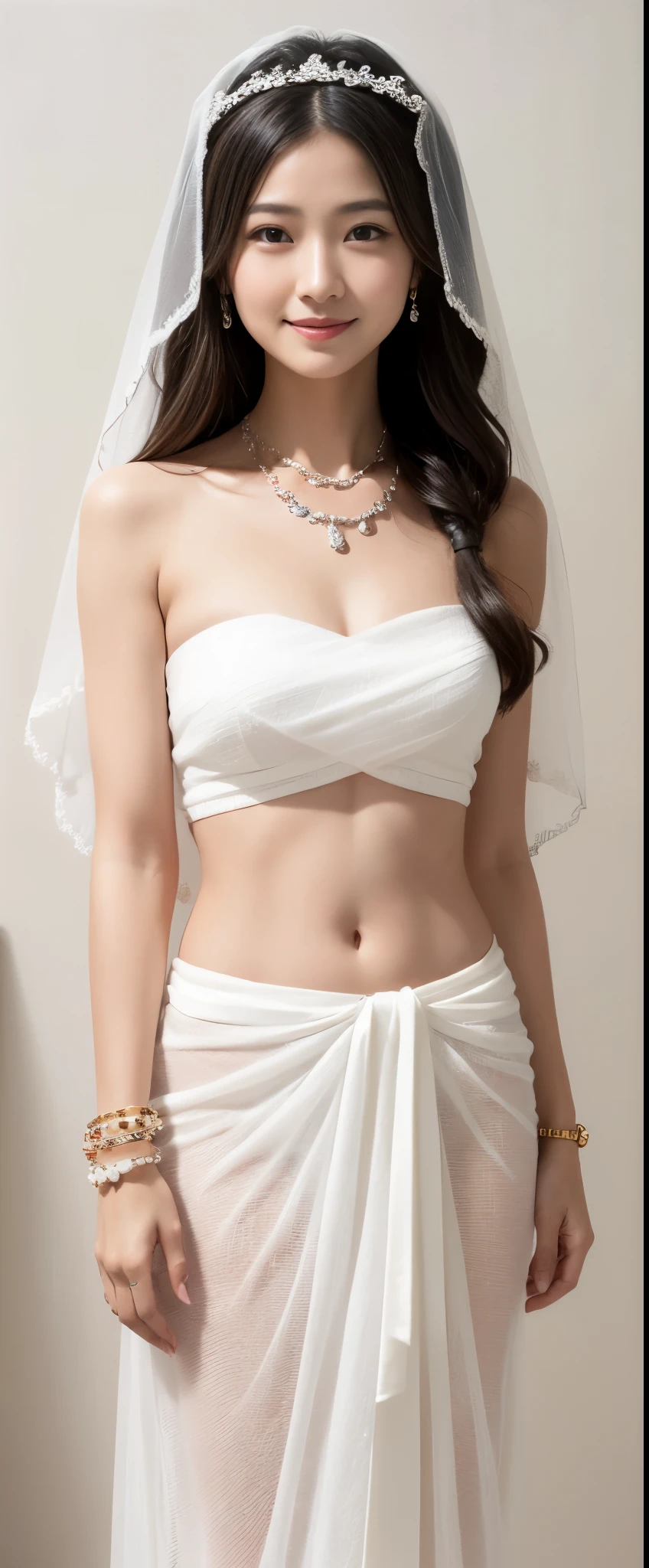 Guanyin bodhisattva semi-full body Give a blessing pose standing Smile faintly wear white strapless Chest wrap with low-waist long white sarong and Wearing a jewelry Bracelet and hair tie back in wedding veil open navel, white background