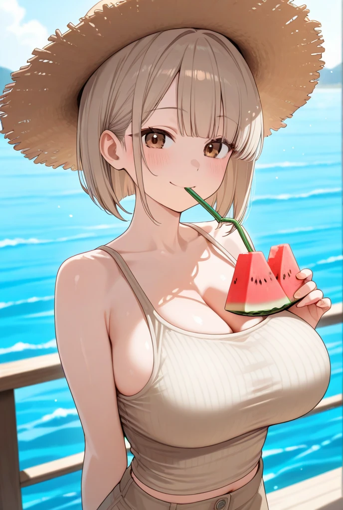 anise(NIKEE),sparkling summer,1girl girl,8k, masterpiece, High resolution,highest quality,super detailed,big breasts,beautiful girl,short hair,thick thighs,NSFW,tube top swimwear,smile,necklace,sunglasses,butt,canned juice in one hand,whole body,