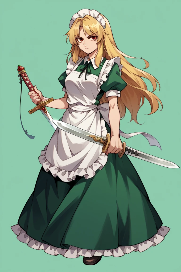 score_9, score_8_up, score_7_up, score_6_up, source_anime, solo, full-body shot, Green background, serious, yumeko (touhou), blonde hair, red dress, apron, long hair, sword, weapon, maid, maid headdress, holding
