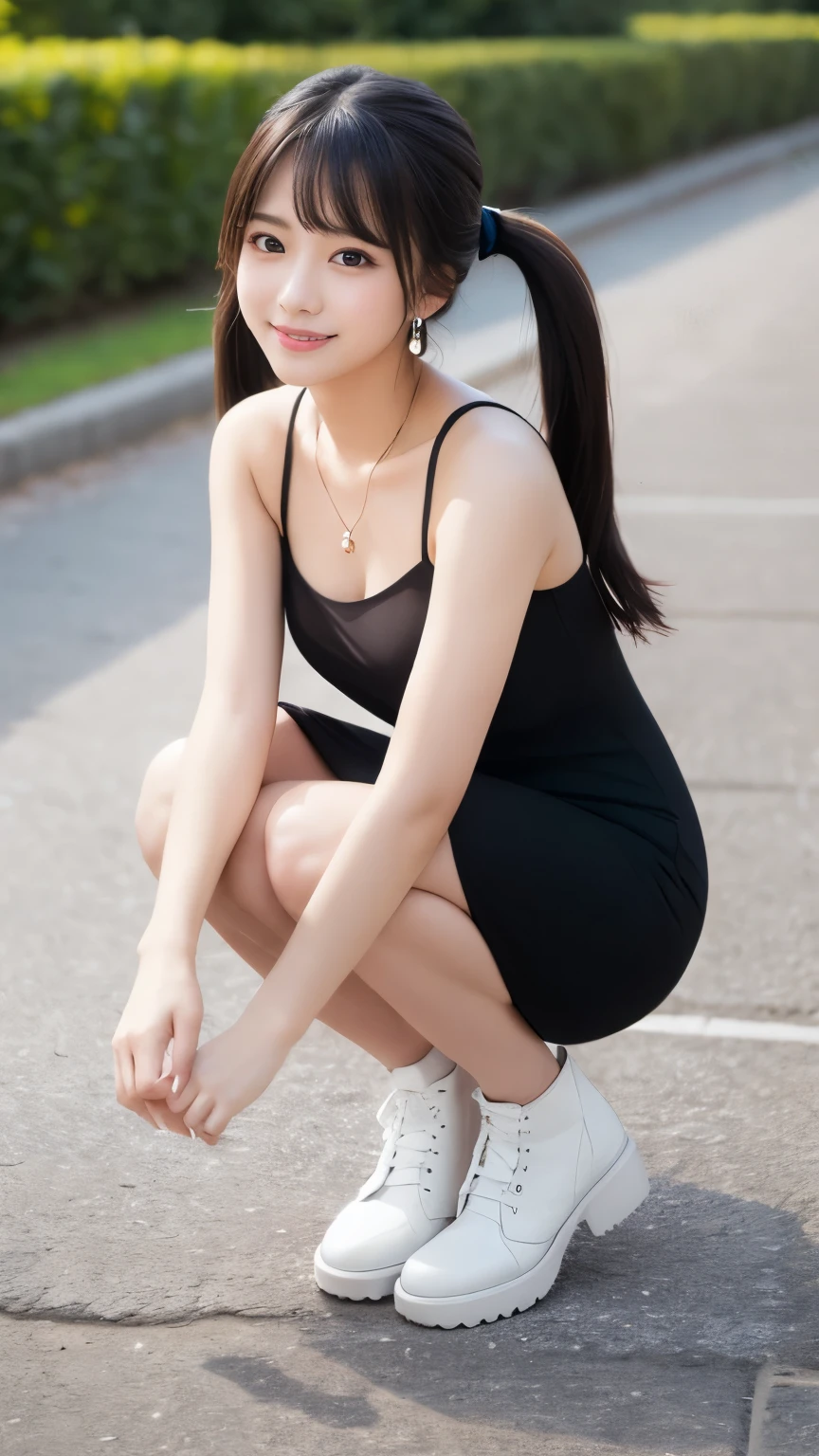 sheer pink one-piece dress:(1.45), full body shot:(1.45), Japanese woman:(1.5), 20 years old:(1.25), twin tails:(1.2), glossy black hair:(1.3), (Clear Dark Eyes), light in the eyes, white short boots:(1.3), slim body , cute smile like an idol:(1.35), face accurately drawn:(1.4), fingers accurately drawn:(1.4), Beautiful big breasts:(1.35), sitting on a bench in the shade:(1.4), upper eye use:(1.35), RAW photos (1.3), masterpiece:(1.2), best quality:(1.3), 16k:(1.4), ultra-high image quality of processing:(1.35), reality:(1.5), fine eyes and face :(1.3), professional photography techniques, Detailed hand:(1.2), beautiful hair fluttering in the wind:(1.2), simple necklace:(1.1), earrings:(1.1), white shoulder bag:(1.1)