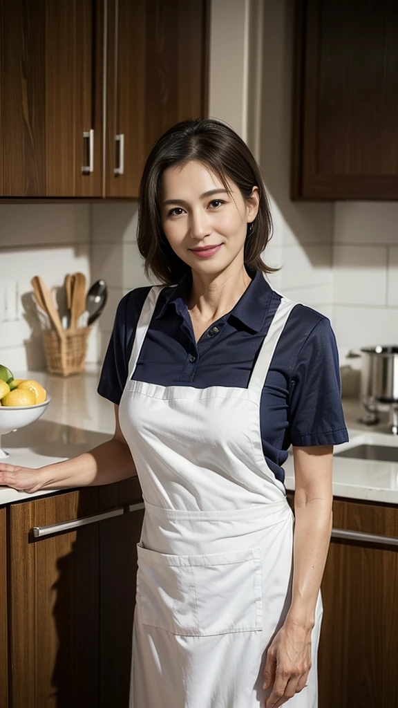(masterpiece:1.4),(63-year-old woman:1.5),(facial wrinkles 1.2), (long hair : 1), A kind smile,maternal, Mature Woman, (white apron : 1.3), (short sleeve collared uniform : 1.2), acnes, skin blemishes, fleckles,(plump arms : 1.3), kitchen