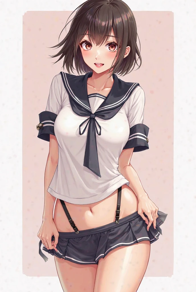 (8K、RAWE Photo、highest quality、masterpiece:1.2)、(real、photorealistic:1.37)、1 beautiful Japan 、crossed arms、 perfect body、18-year-old、Sexy  uniform、Medium Boob:1.8、(Photographing the subject from below)、(((hanging breasts:1.5, BreastsApart:1.8, BreastsApart, BreastsApart, underboob、Are thin)))、underboob、oily skin:1.5、thin、 (Sexy uniform with a slight view of the underside of the chest)、((目に見えるunderboob:1.5、Uniform with visible ribs and belly button))、Super miniskirt visible、((look at the audience)), とても赤面、笑顔