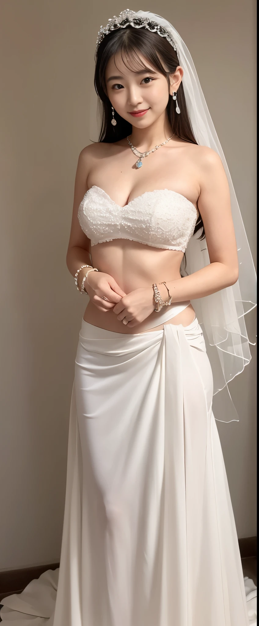 Guanyin bodhisattva semi-full body Give a blessing pose standing Smile faintly wear white strapless Chest wrap with low-waist long white sarong and Wearing a jewelry Bracelet and hair tie back in wedding veil open navel, white background