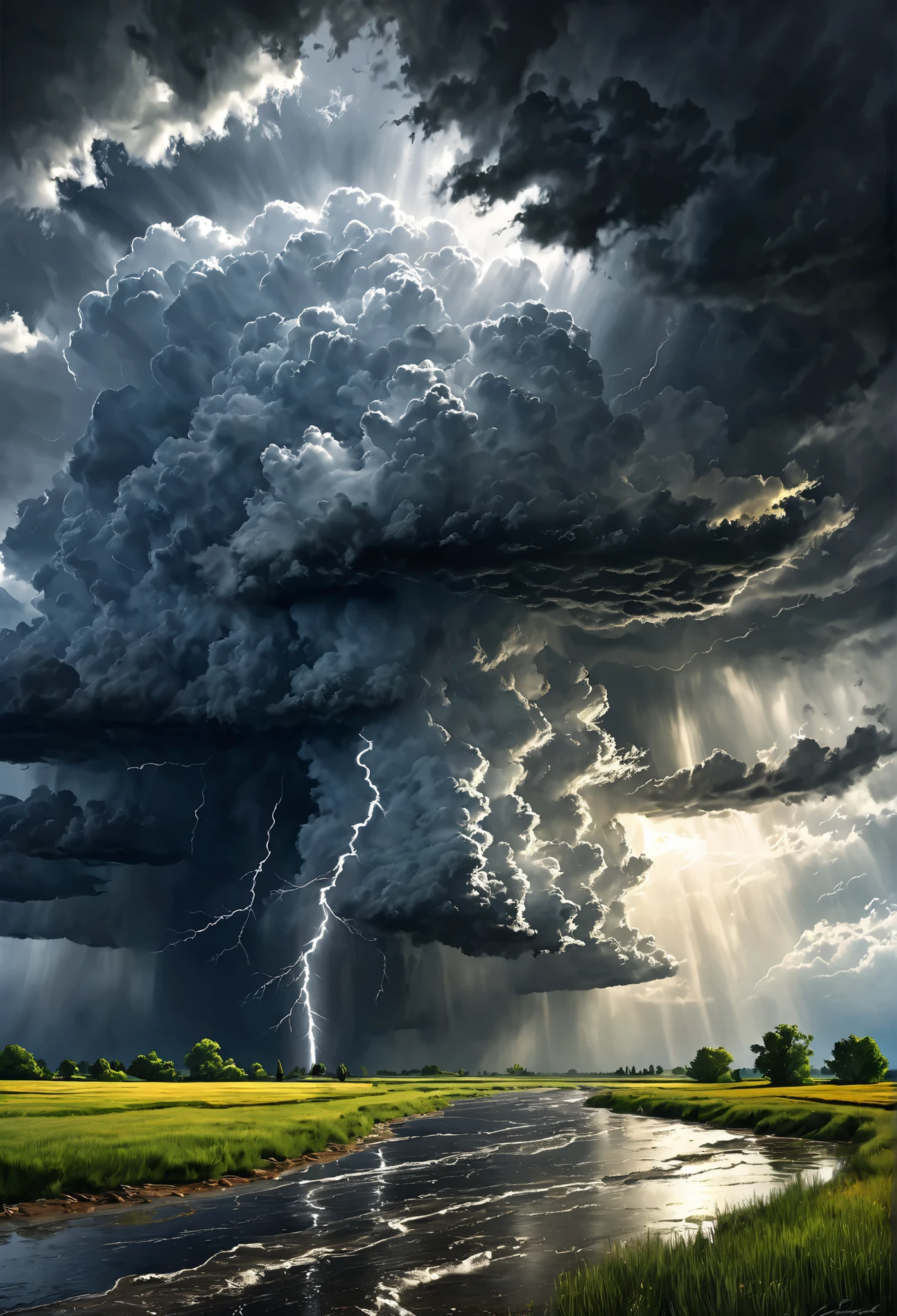 oil, landscape, terrible storm, rough weather, Sunlight shines through clouds, Mr.々Effects , Delicate and dynamic textures,  light and dark contrast , 2.5d,  art pictures, super realistic, digital graphic CG,  BREAK super detailed , absolute resolution, best quality