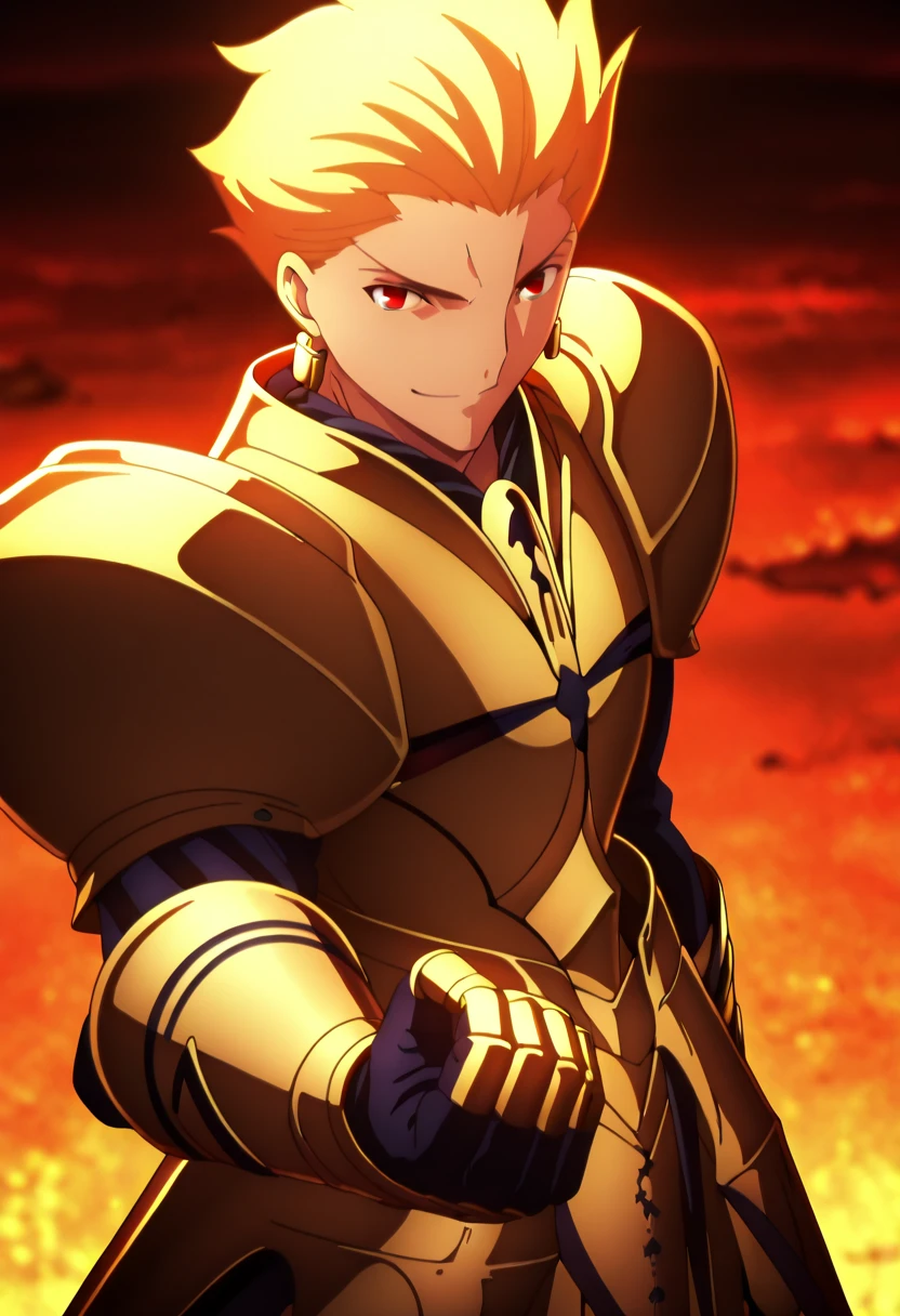 high resolution , masterpiece , detail , best quality , quality , 4K , High details , Precise , 1man , ufotable style , ufotable anime , looking at viewer , blond hair slicked back, red eyes, antagonist smile, Gilgamesh ( Fate Grand Order ), points his hand forward, holding EA ( Sword of Rupture ) in his other hand, black sword with red lines on it, ready to fight, battlefield with flames and smoke in the background, anime screenshot, anime screencap, anime compositing