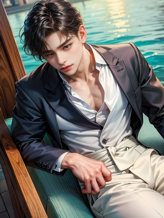 ((High quality)), ((masterpiece)), ((highly detailed)), perfect face, realistic, ((man)), ((Asian)), full body, young, 20 years old, black hair, comma hair cut style, ((handsome)), detailed eyes, beautiful detailed nose, realistic body, realistic light, comfortable expressions, cute guy, sweat guy, cool guy, young, muscular body, white shirt, sexy, hot, smile, pool, water