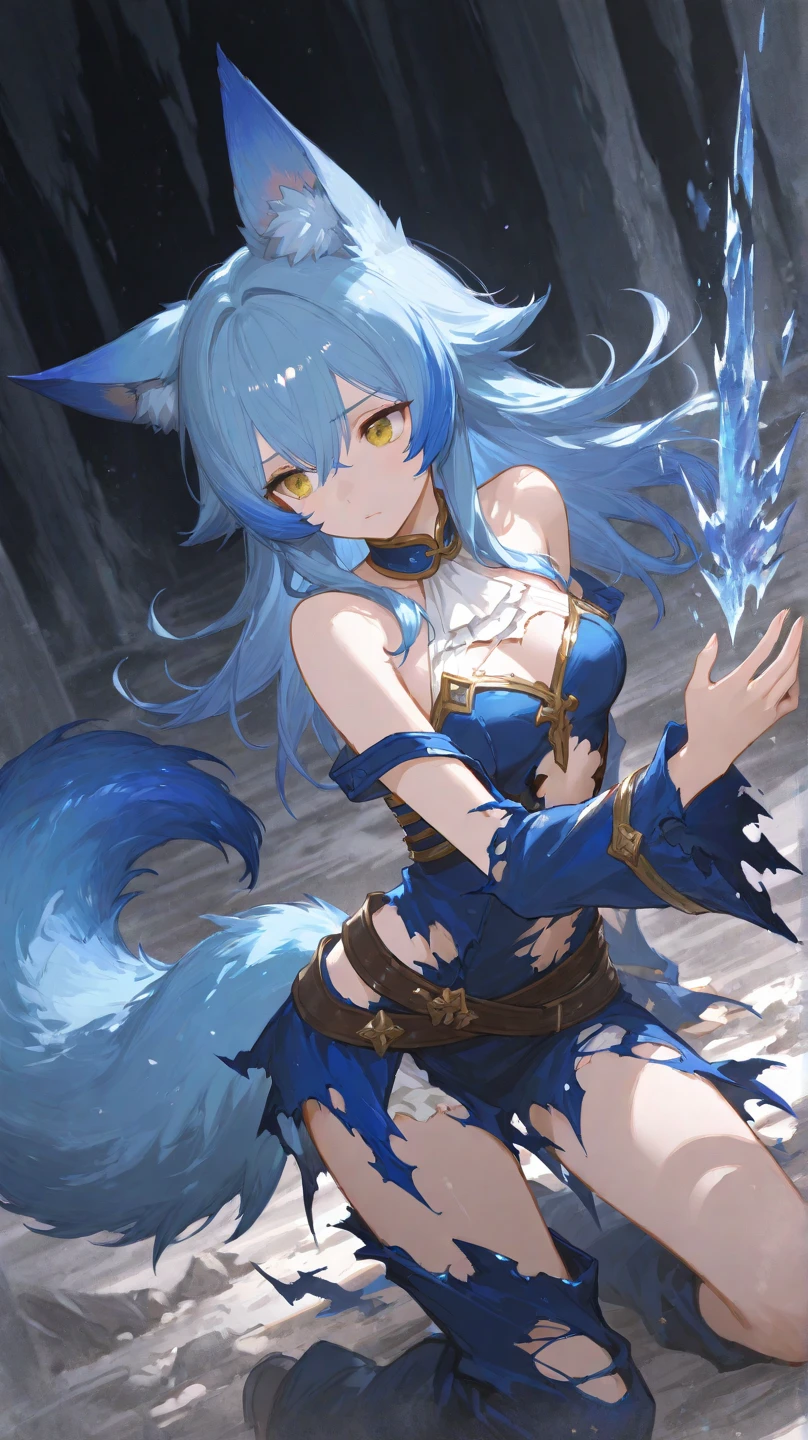 , long hair, space eye, glow eye, femboy, noen city, snowfall, midnight, fox ear, deep blue ear, fox tail, deep blue fox, deep blue jacket, cute, collar, Two tail, space katana, god , fur body, full body, the lower body is nakedw fox, character, master piece, fluffy tail, current, shy, NFSW, Highest Quality, 8k, R-18, full HD, four ear fox, winter, oc, nude, soul blue, humanoid genitalia