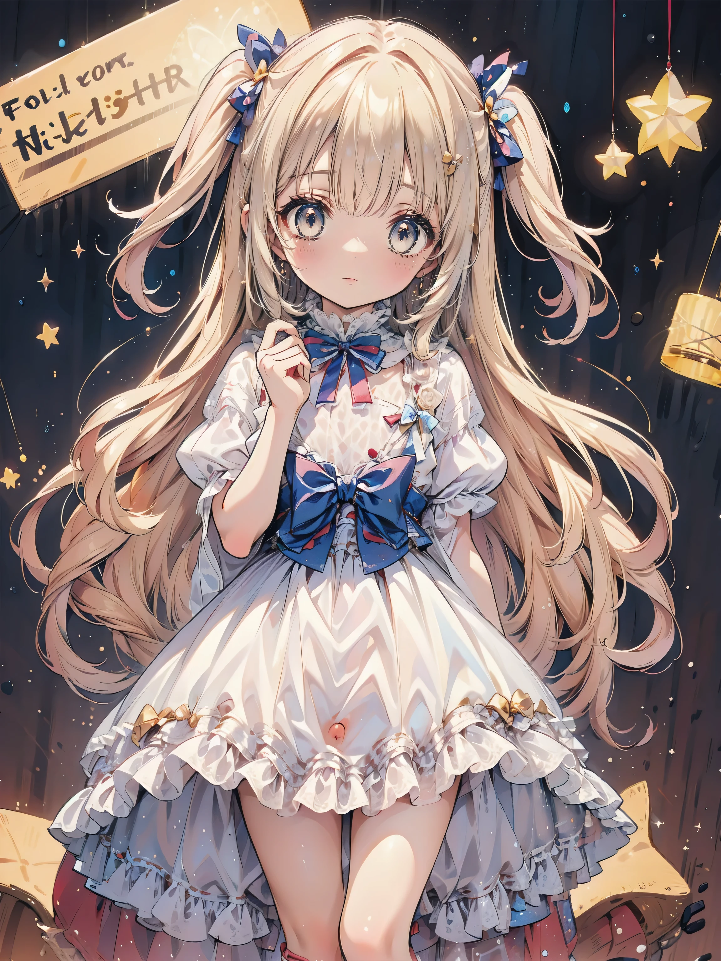 Dots are、明るいピンクの頬、she has golden blonde hair with wavy bangs.、she'dark-skinned girl, she is wearing a bright red headband with a ribbon on the right side of her head.. Dots are、she wears a shiny pastel blue and scarlet red dress with a small ribbon belt around her waist。, white collar, 4 crimson buttons, Bright red lining. sheのドレスの下には赤と淡いブルーのチュールスカートがある.. she also、Red top with white socks、she is wearing carnation pink high-top sneakers with bright red shoelaces, Shine; glitter, (:1.4), (1girl), (flat :1.1),