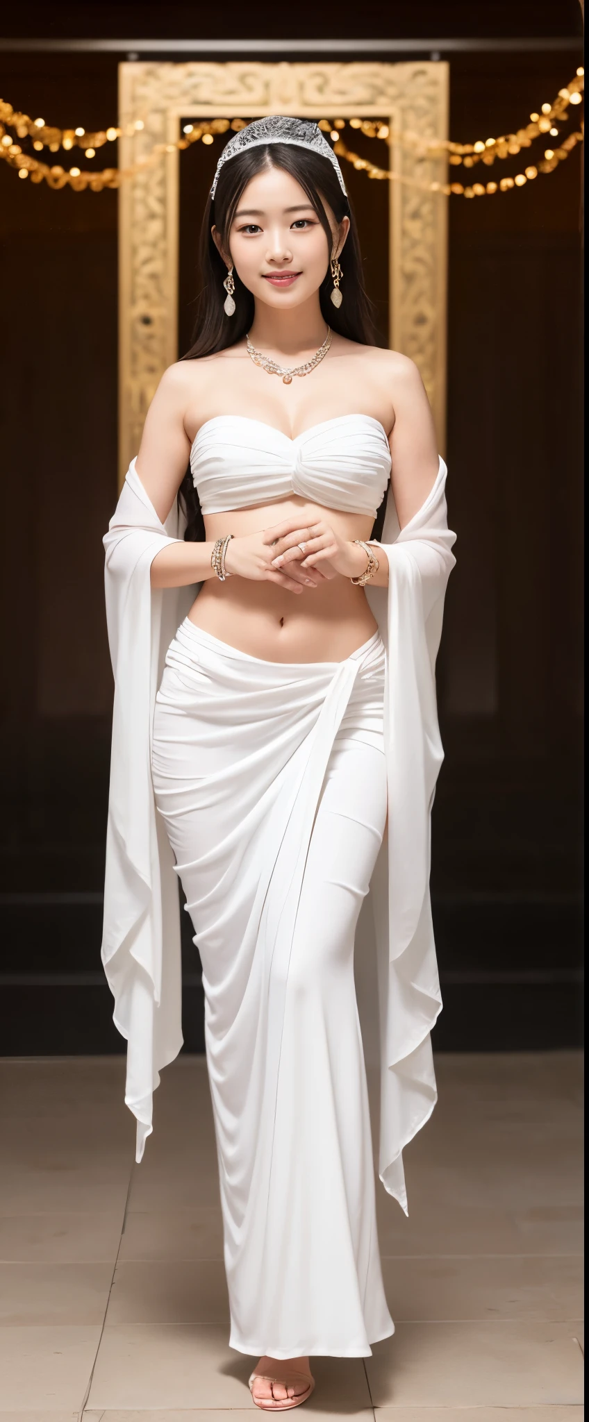 Guanyin bodhisattva semi-full body Give a blessing pose standing Smile faintly wear white strapless Chest wrap with low-waist long white sarong and Wearing a jewelry Bracelet and hair tie back in wedding veil open navel, white background