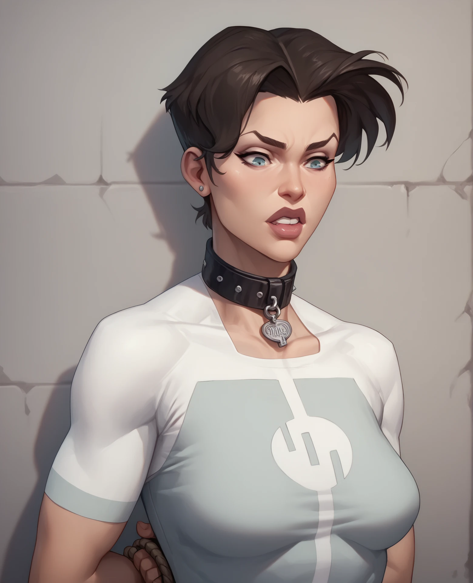 MadMaggie, hair slicked back, yellow eyes,  black hair,  toned,  midriff, 
looking at viewer,  cleavage,  leaning back,  covered nipples, 
white shirt ,  standing, 
prison cell,  wall,  
(insanely detailed, beautiful detailed face,beautiful detailed eyes, masterpiece, best quality),solo, <lora:MadMaggie-10-2APL:0.8>