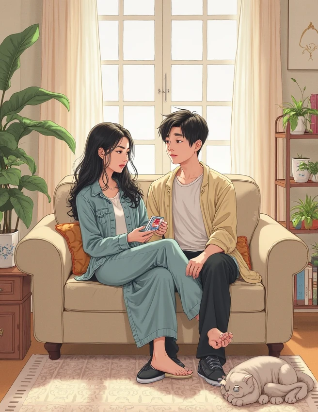 Two people sitting on the sofa，There is a plant next to it., Ruan Jia and Fenghua Zhong, lovely couple, zmenzheng, from China, Chiba Yudai, couple, Profile picture, jinyiwei, huang yuxing and aya takano