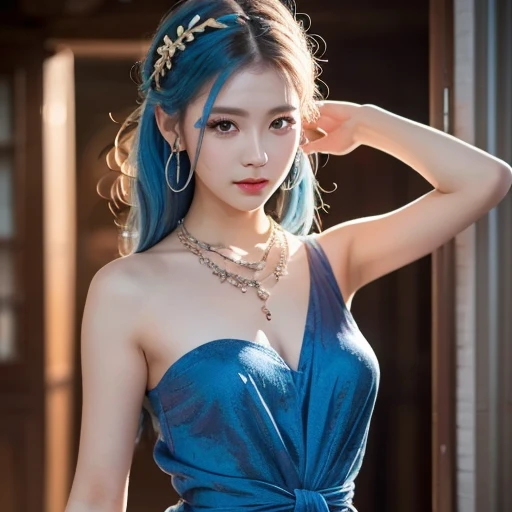 (8K, 4K, Best Quality, High Resolution:1.2), (Maasterpiece, Realistic, Photo Photo:1.37), 1girl, solo, beautiful face, eyelashes, nose, shiny lips, (detailed eyes, looking at the audience, fair skin, fair skin:1.5), delicate complexion, upper body, large breasts, plump ,,, outdoor hot spring, both sides up, ridiculously long hair, blue hair, blue hair, bangs, hair accessories, bow, young, Big breasts, red eyes