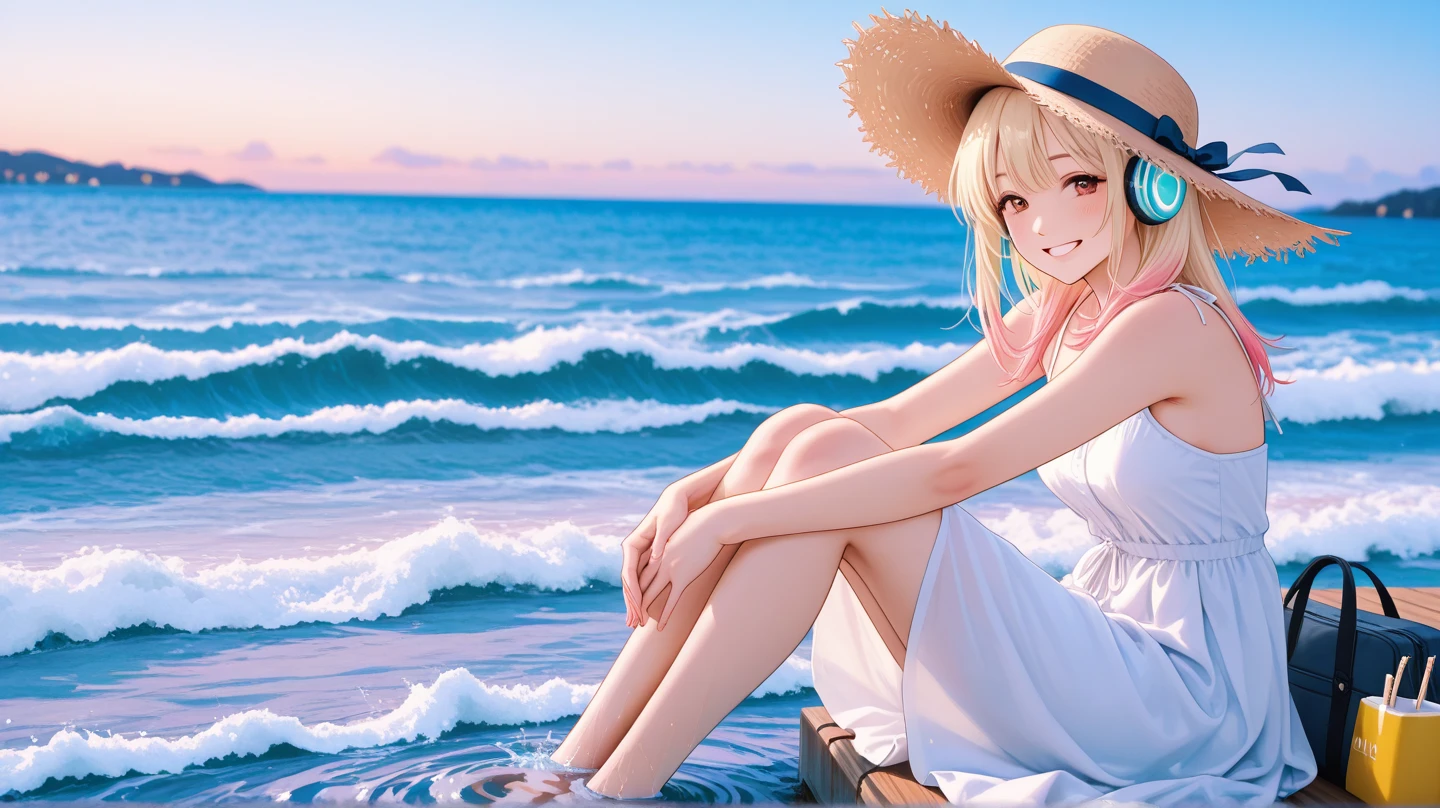 A beautiful anime girl with white hair, wearing a sexy white bikini and a revealing thong, laying on a beach and eating an ice cream on a sunny summer day, photographed from a low camera angle thigh up, stunning landscape