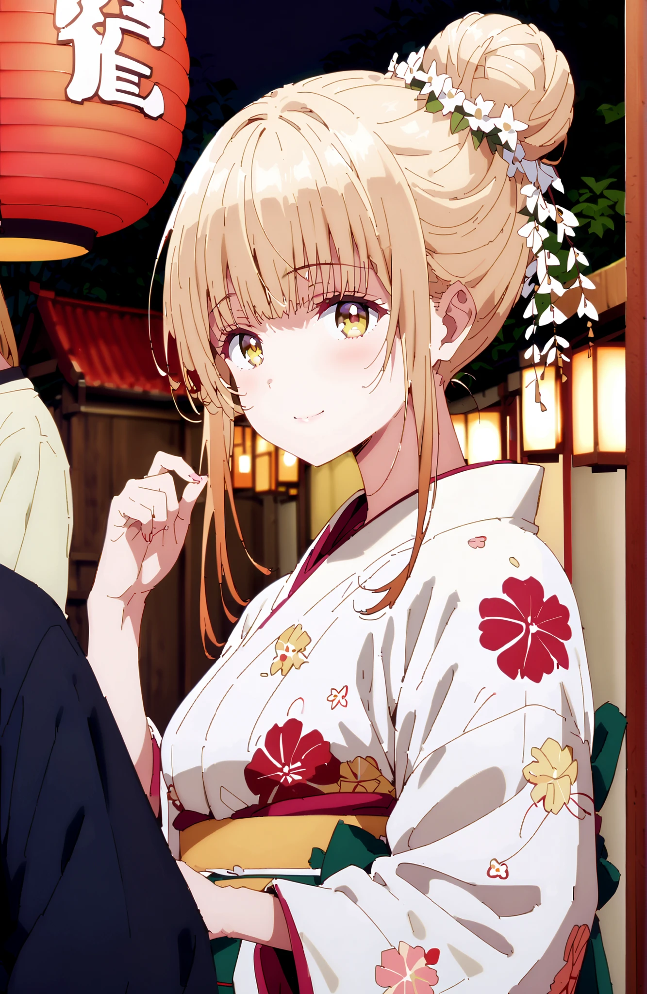 椎名まひる, bungs,  Gold, brown hair, yellow eyes,side lock, single bun hair,flower hair ornament,Nape,White flower pattern kimono,Medium breast,standing,Light up fireworks,Japanese stalls ,Red Lantern,night,smile,blush,close your mouth,full bodyがイラストに入るように,break outdoors, Japanese Festival,
break looking at viewer,full body,
break (masterpiece:1.2),best quality ,Kampala,unity 8k 壁紙,(shape:0.8),( fine, beautiful eyes :1.6),It's a person ,full body写真,CG Details , (perfect hand in h,Complete Anatomy),