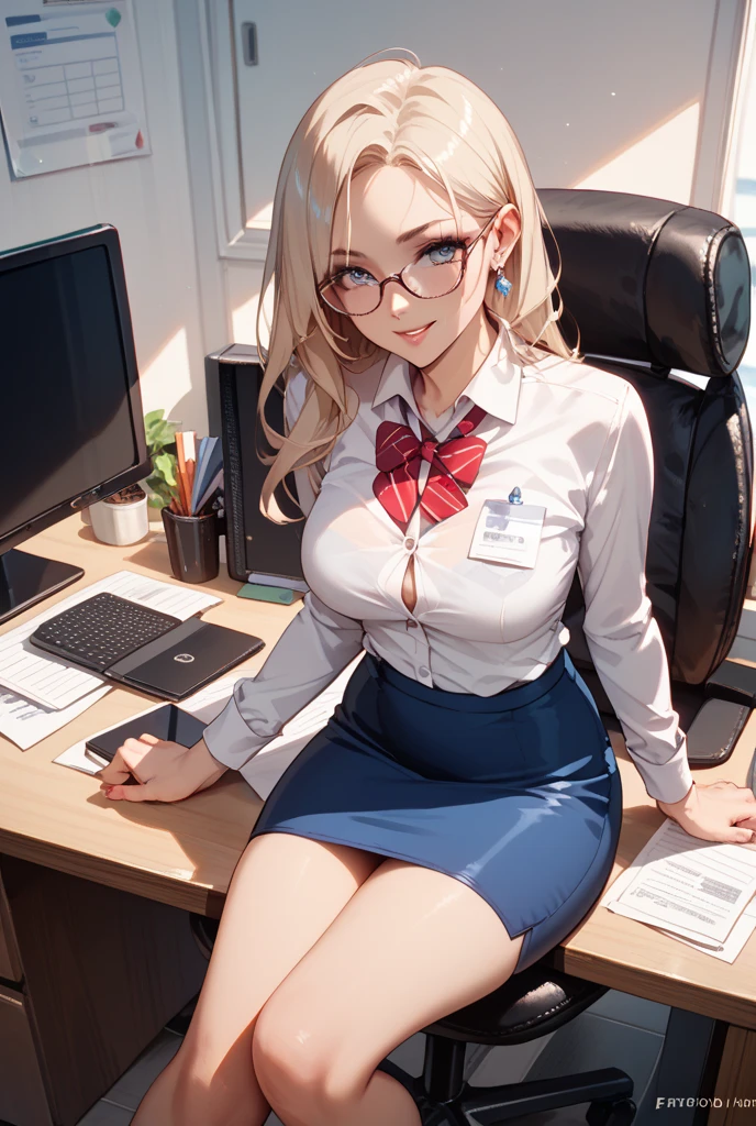 full body, slim waist, pink eyeliner, glasses, heavily made up, perfect hands, colossal breasts, long shapely legs, 1 girl, blonde hair with pigtails, sitting in an office chair, short sleeve blouse, short skirt plaid, tan strappy heels, effortless half up half down hairstyle, delicate layered necklace.