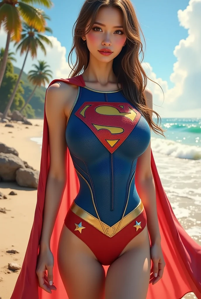 Supergirl, 27 years old, full body view, full body view, full body view, Beautiful woman shoulder length curly brunette hair, two side up with bangs, ringlets, shoulder length curly brunette hair with bangs, two side up, ringlets, shoulder length curly brunette hair with bangs, two side up, ringlets, defined body, (large_breasts:1.5) Red lipstick, smiling slightly, hands free, standing facing camera, (( blue red and yellow one piece swimsuit of Supergirl )), tropical beach daytime (curvy:1.2)