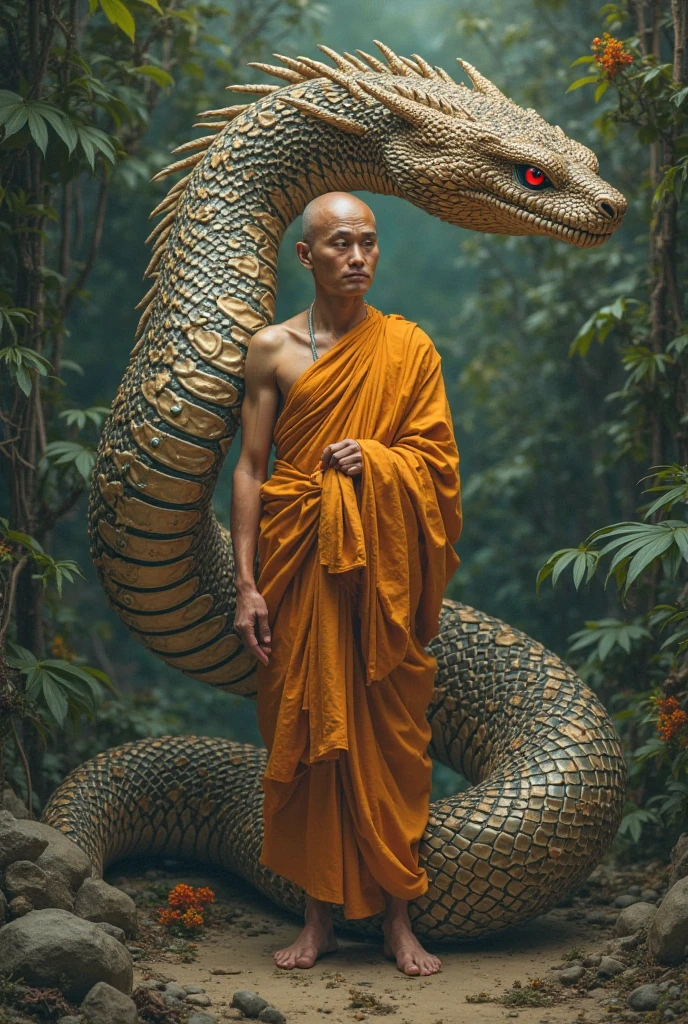 The upper part is a human, the lower part is a coiled Naga with hands clasped together.
