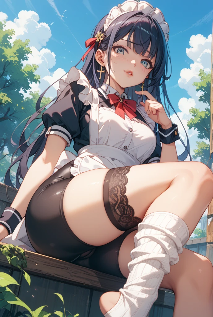 Anime girl sitting cross-legged on a bench, Enchanting anime girl,Naughty anime style, Wearing a uniform、The underboob is visible、I can see your belly、I can see your pants、Black Stockings、Wearing a hat、Not wearing a skirt、Black hair with blue and red lines、Long Hair、Large Breasts、Her  are visible through her uniform、Spreading her legs