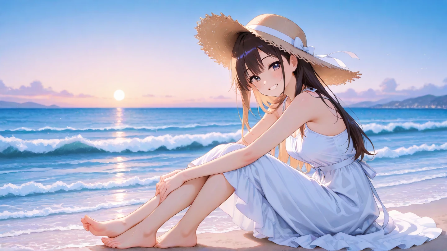 A girl lies in a chair，Sunlight，summer day，seagulls，beach，Wear a sleeveless dress，Sun hat，full-body shot，long hair，blue eyes，looking at the screen，