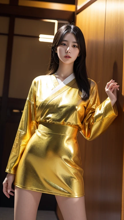 Cute and mysterious idol samurai girl、whole body、Good style、、、、、、、、、、Thick legs、、Gold and fluorescent pink striped armor kimono、Neat and clean idol face、、、