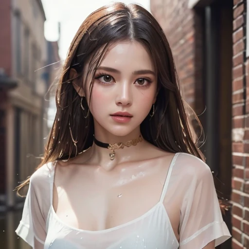 tmasterpiece,Best quality,A high resolution,8K,((Portrait)),(Head close-up),Original photo,real photo,digital photography,( women in a modern style),( maidens),20-year-old girl,random hair style,((Red eyeig breasts), jewelry,Keep your mouth shut,Beautiful Elegant,((Shy)),Be red in the face,Noble and charming,(Wear in fashion),(Get wet in the rain),(Soaked to the skin),Photo pose,Modern characters,Realistic style,rainy days,City background in rain,oc render reflection texture