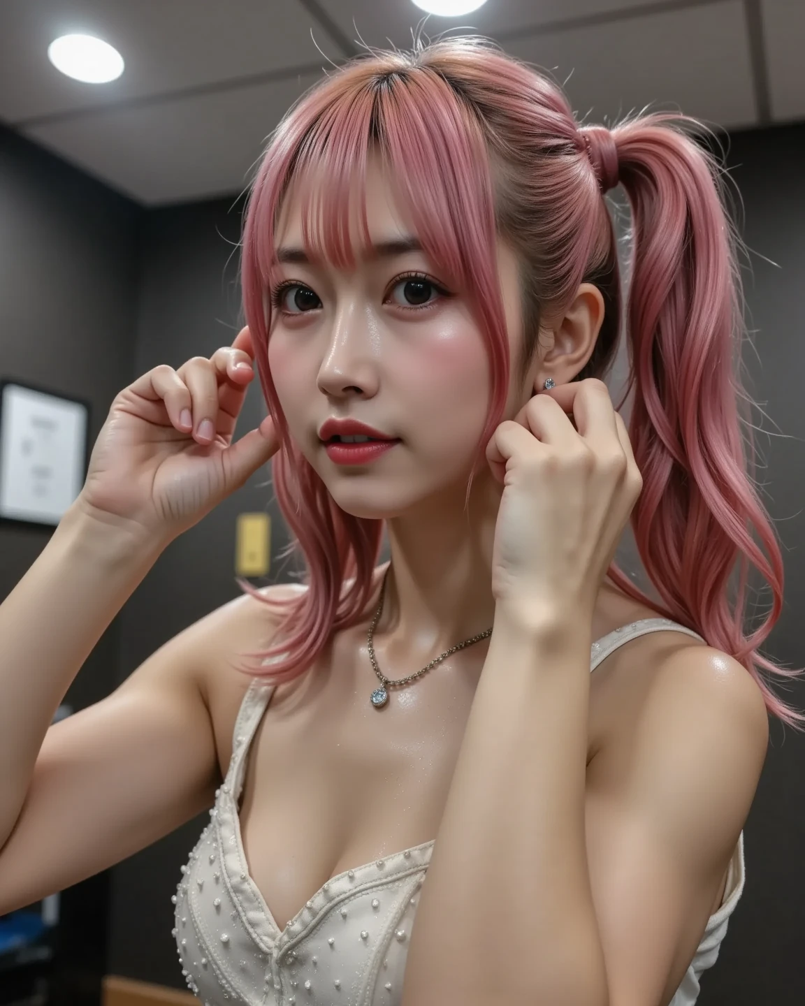 Korean girl, pink hair, pony tail, humiliated, masterpiece, best quality, ultra detailed, highres, high-resolution, 4k, 18 years old, dogeza, in airport,