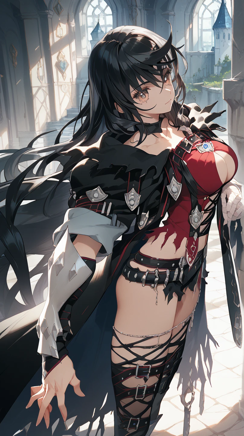 unparalleled masterpiece ever、超8k CG、超A high resolution、erfect artwork、clean and beautiful face、pure face、Hair in the details、Fine beautiful eyes and face、beatiful detailed eyes、Very extreme details、best qualtiy、Perfect illustration、extremely delicate and beautiful、extremely details CG、8k wallpaper、astonishing、finely detail、Official Art、Very detailed CG 8k wallpaper、Incredibly ridiculous、huge filesize、 ultra-detailliert、ighly detailed、a beautiful detailed girl、extremely detailed eye and face、1girl in、独奏、Velvet Crow、((low tied hair、Dark hair、length hair))、((bandaged、bandaged arms、Bandaged left arm))、((a matural female、A MILF))、large full breasts、(yellow eyes:1.2)、Red shirt、Midriff、a navel、ripped clothing、Black shorts、(single braid:1.4)、On the shoulder braid、((Single gauntlet、Right Arm Bridal Gauntlet))、 a navel、bare shoulders、a black choker、abdominals、((Wearing a torn leg、black thighhighs))、looking at the viewers、Sexy Swimwear Mare