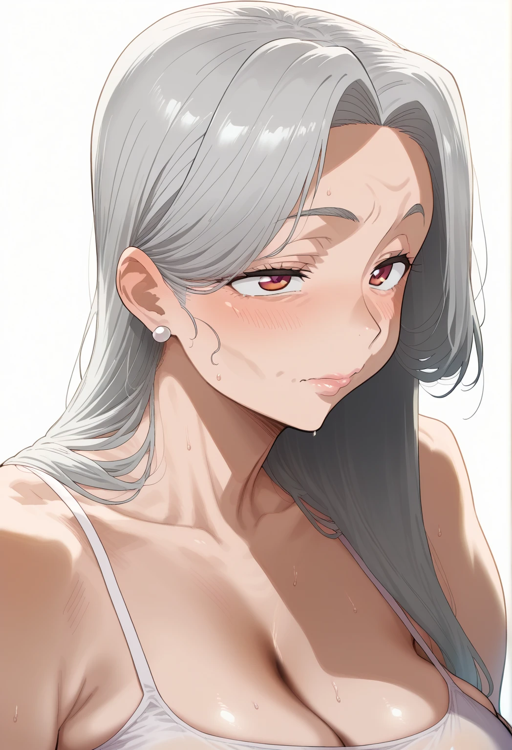 One person、masterpiece、Highest quality、Super detailed、High resolution illustrations、Improve skin quality、Increase eye appeal、Drawn in detail、Perfect body structure、Old woman、Half-taken off business suit、Take off your blouse、Show off a plain-looking bra、Are thin、Small breasts、Tall、Skin blemishes、Skin wrinkles、Aged skin、Wrinkled skin、Outdoor、Embarrassing、Shy laugh、Sweat it out、Sigh、Heat、Gray Hair、Downcast eyes、mole、Long Hair、ponytail、